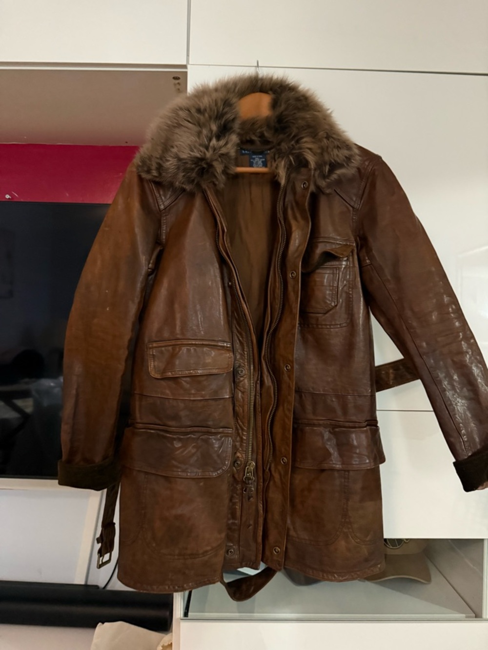 Ralph Lauren Brown REAL Leather Coat with Fur Collar - Picture 3 of 4